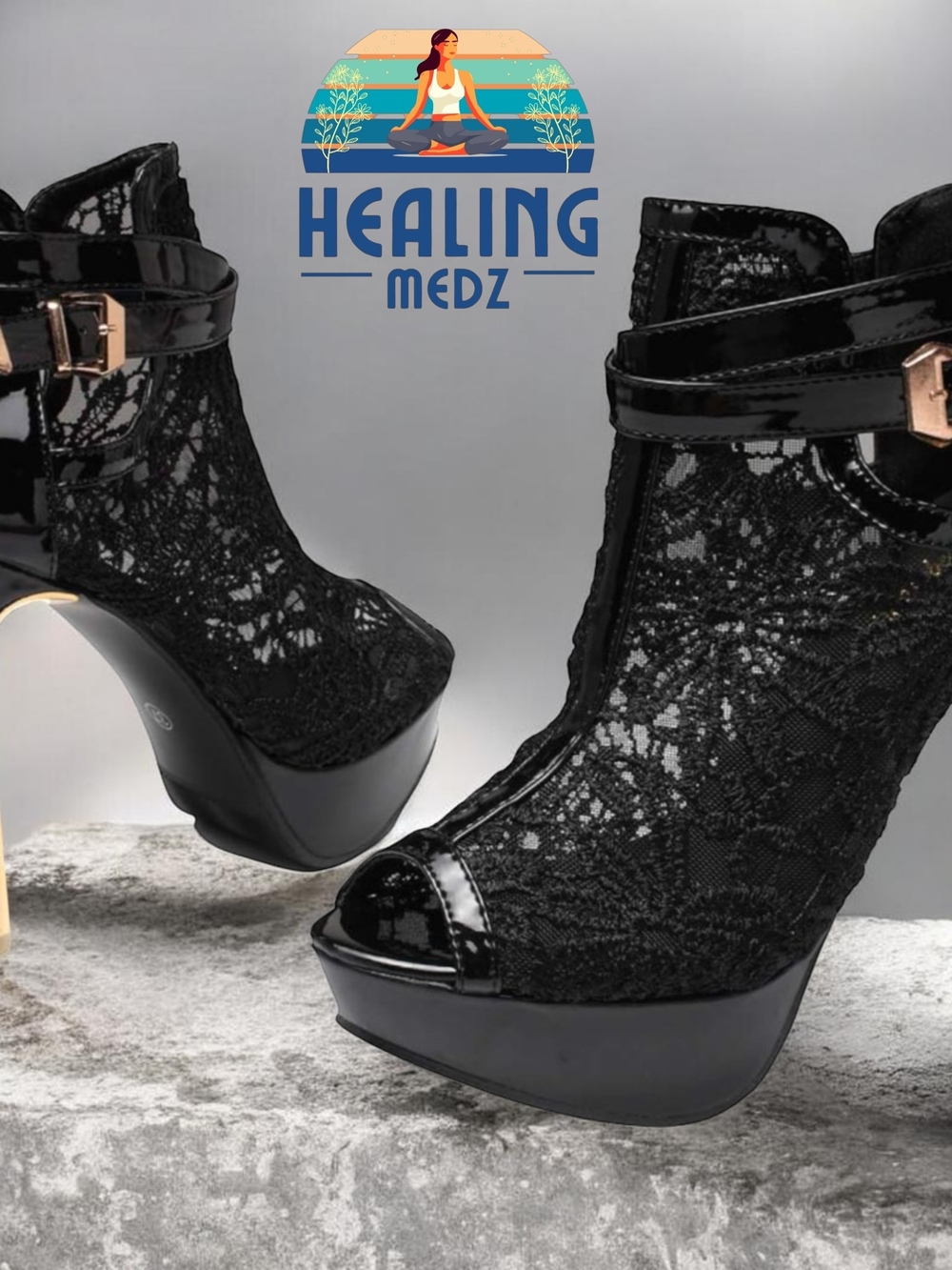 Women's Black Pretty Lace Flowers Open Toes High Heels Ankle Boots